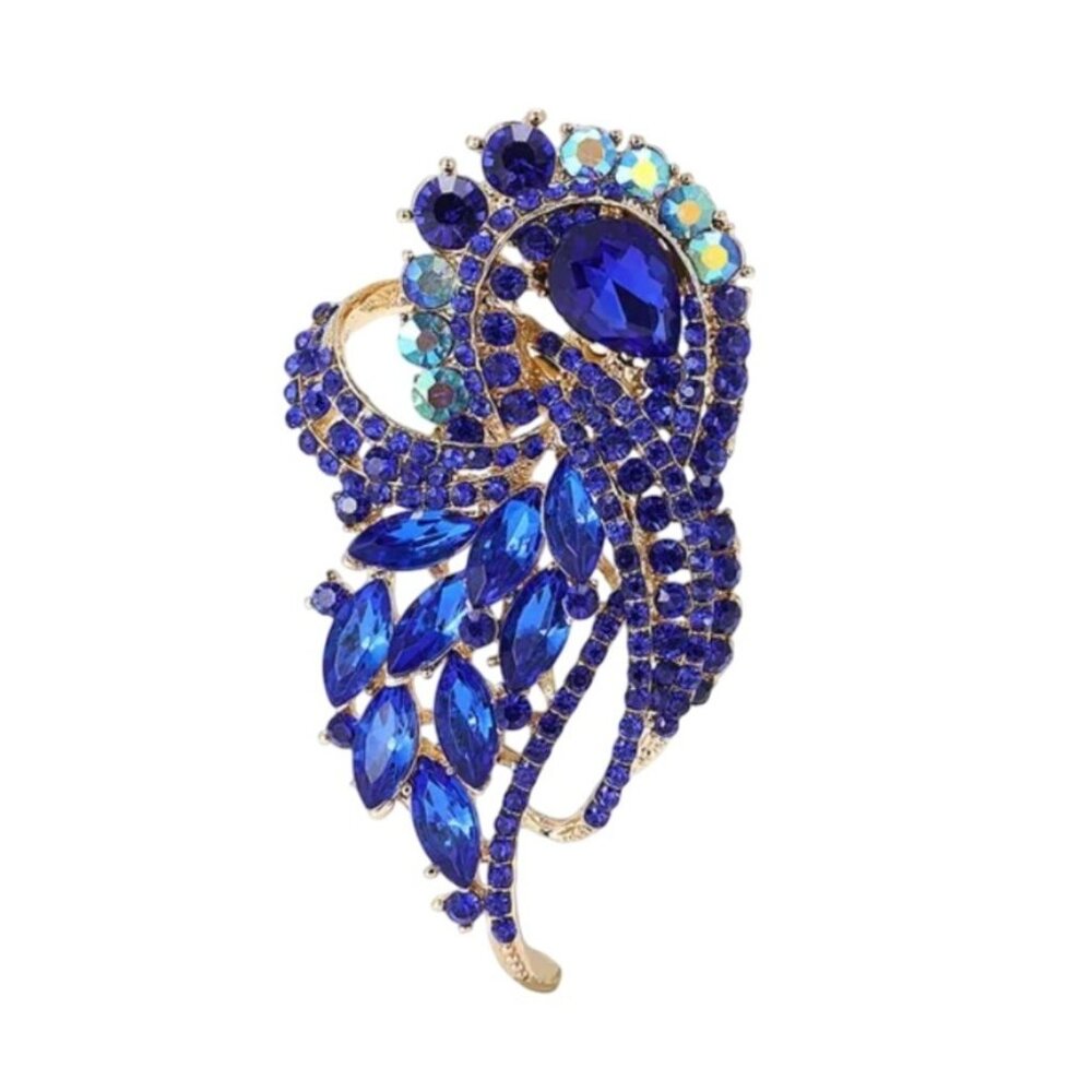 Bright Blue Rhinestone Brooch Pin Iridescent Crystals Gold Tone